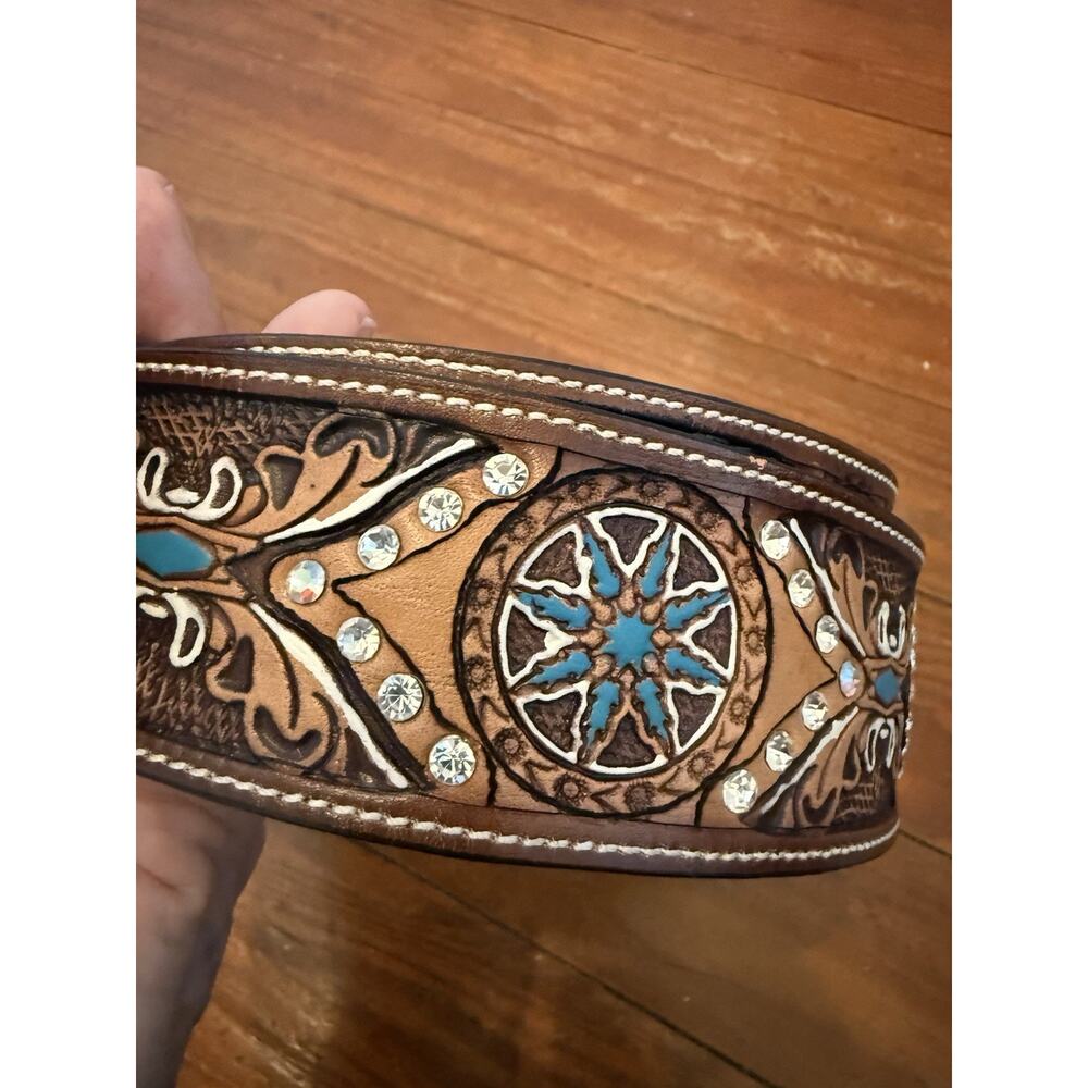 Tony Dilaz Brown Leather Turquoise Rhinestone Western Hand Tooled Belt Sz 38